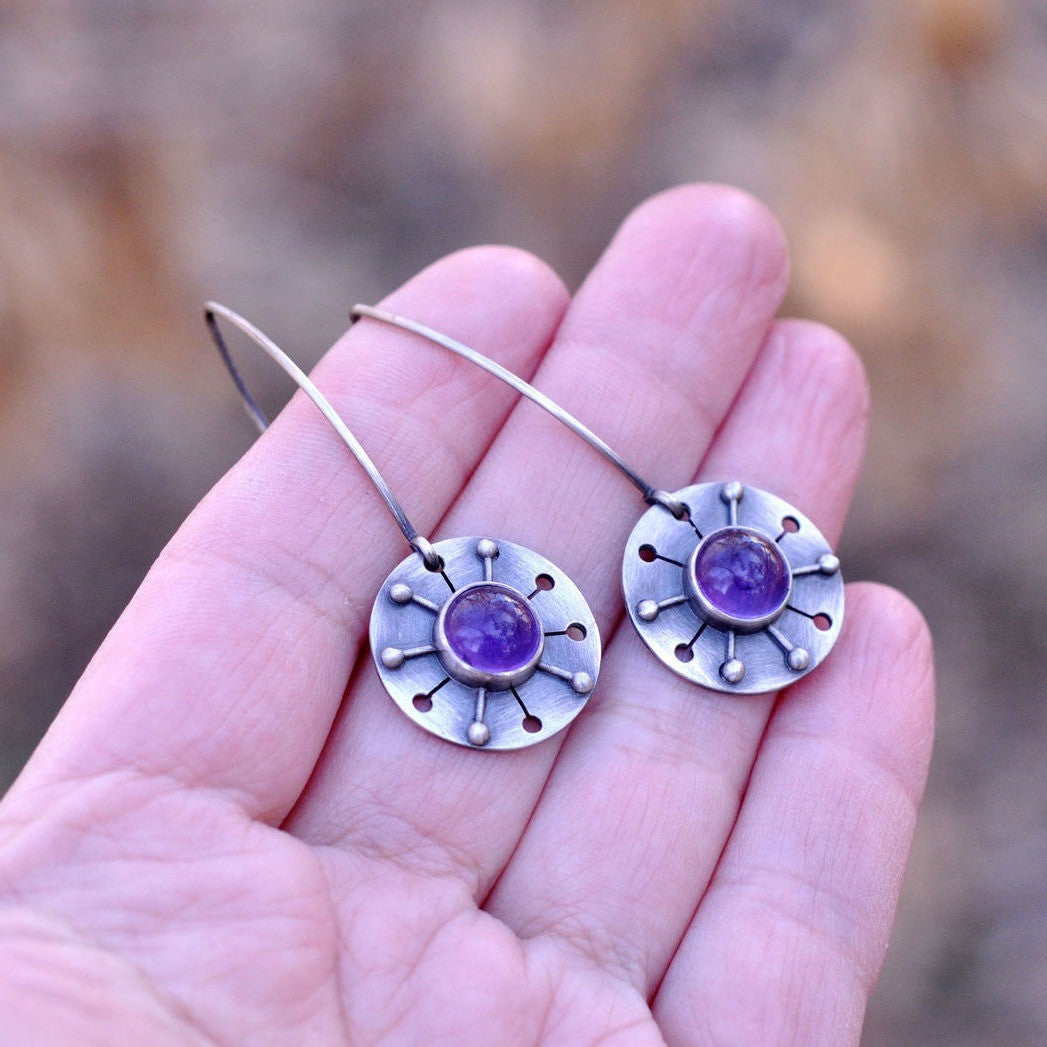 Purple Stone Sunburst Earrings