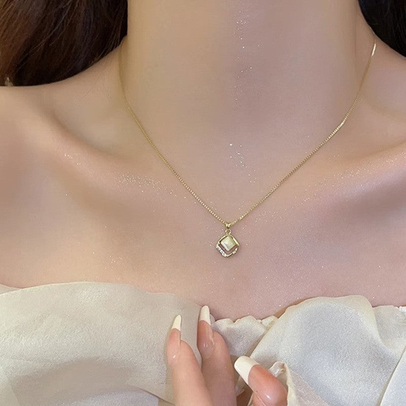 Square Shell & Crystal Pendant Necklace