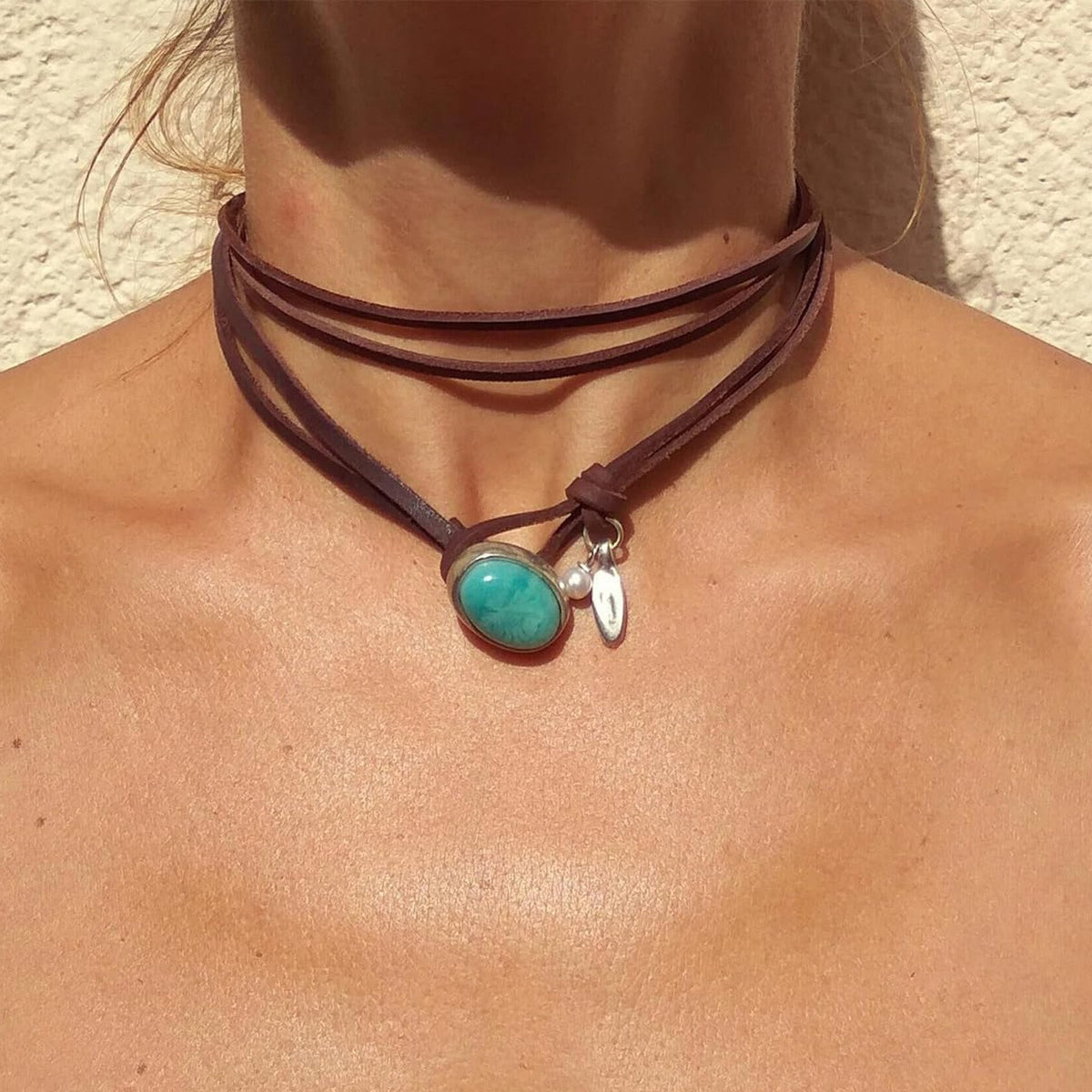 Turquoise Oval Leather Wrap Necklace