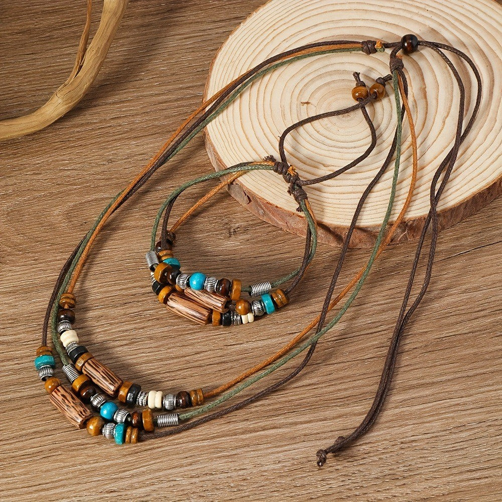 Wood Cylinder & Orange Bead Layered Necklace