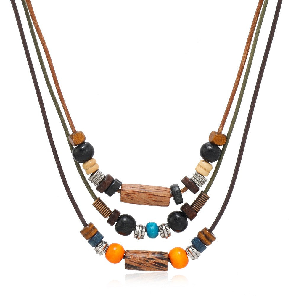 Wood Cylinder & Orange Bead Layered Necklace