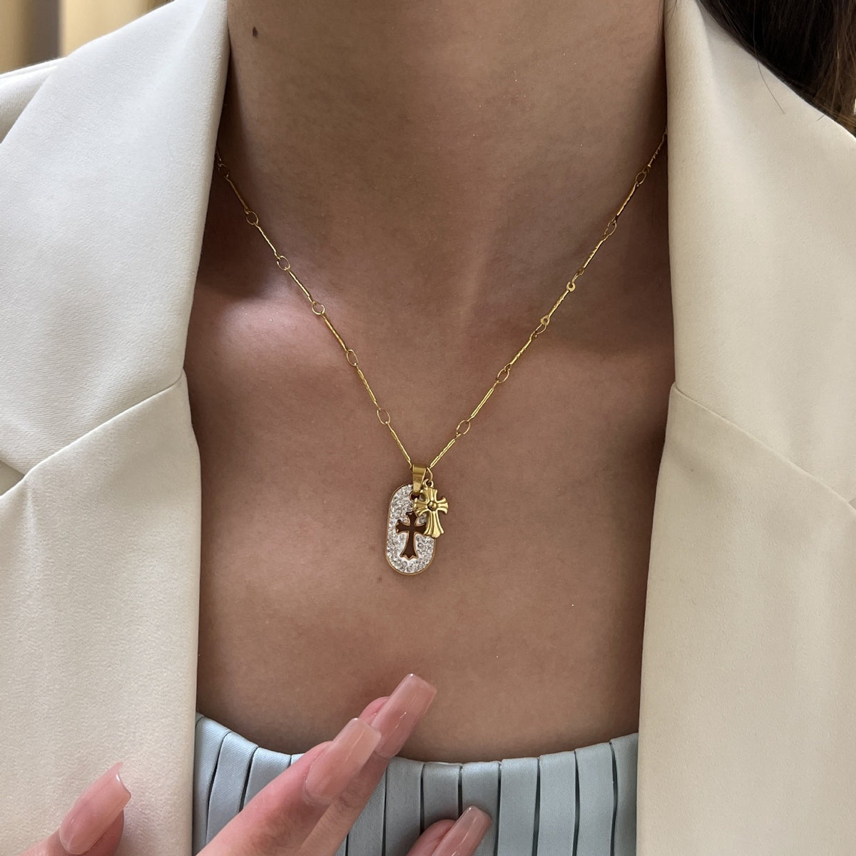 Crystal Cross Oval Necklace