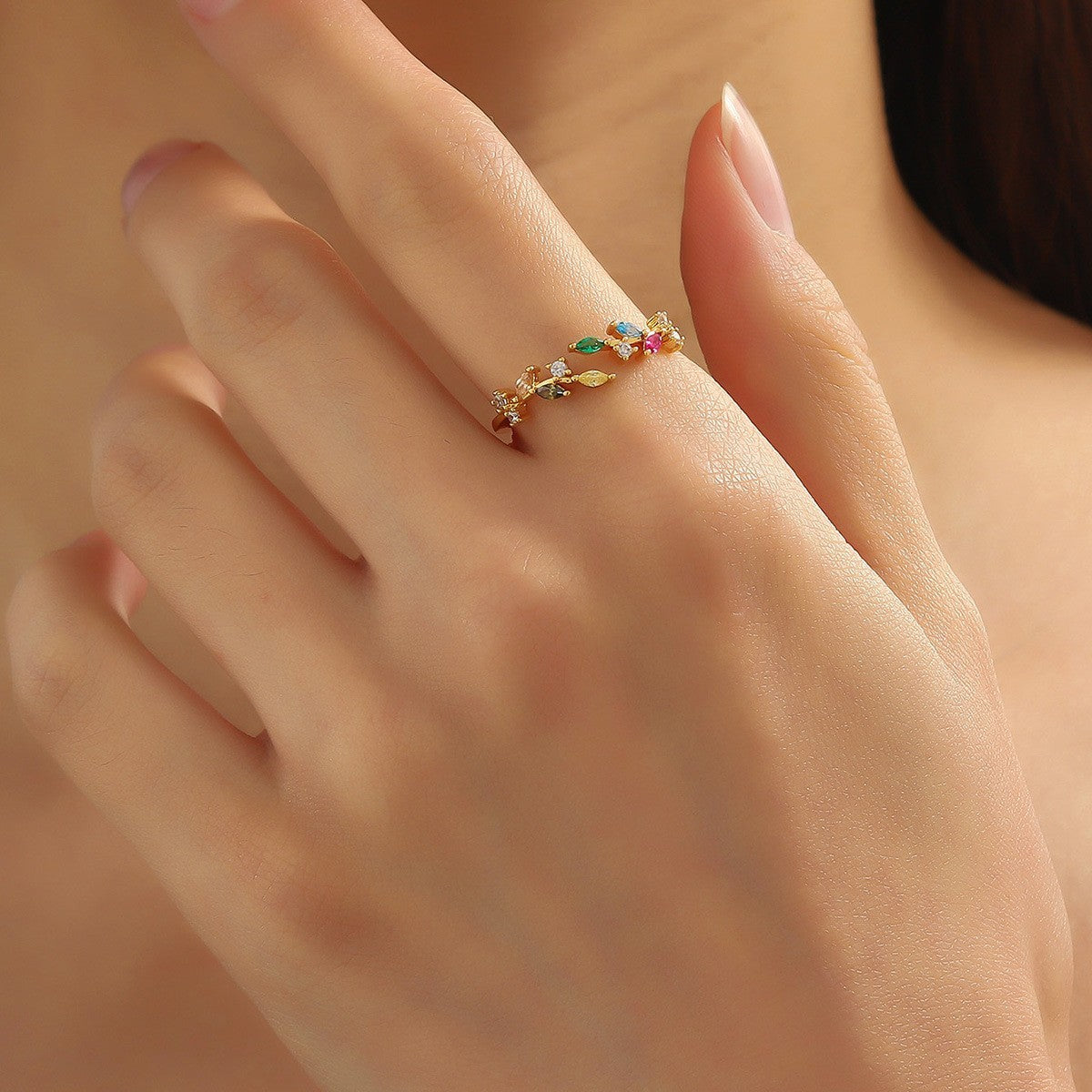 Colorful Gemstone Leaf Open Ring