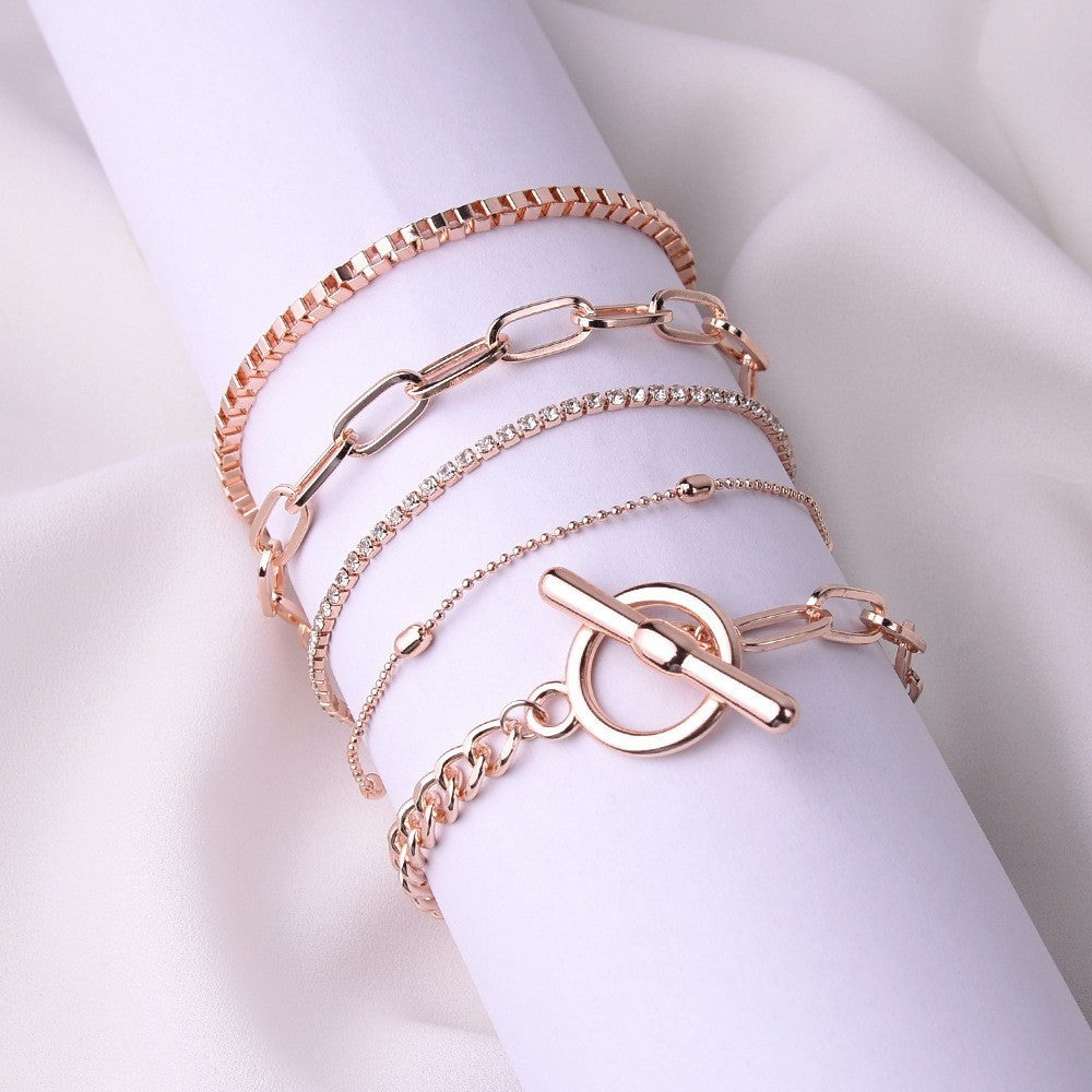Mixed Chain & Rhinestone Multi-Layer Bracelet Set