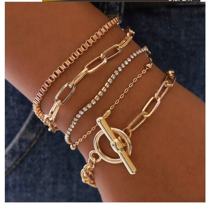 Mixed Chain & Rhinestone Multi-Layer Bracelet Set