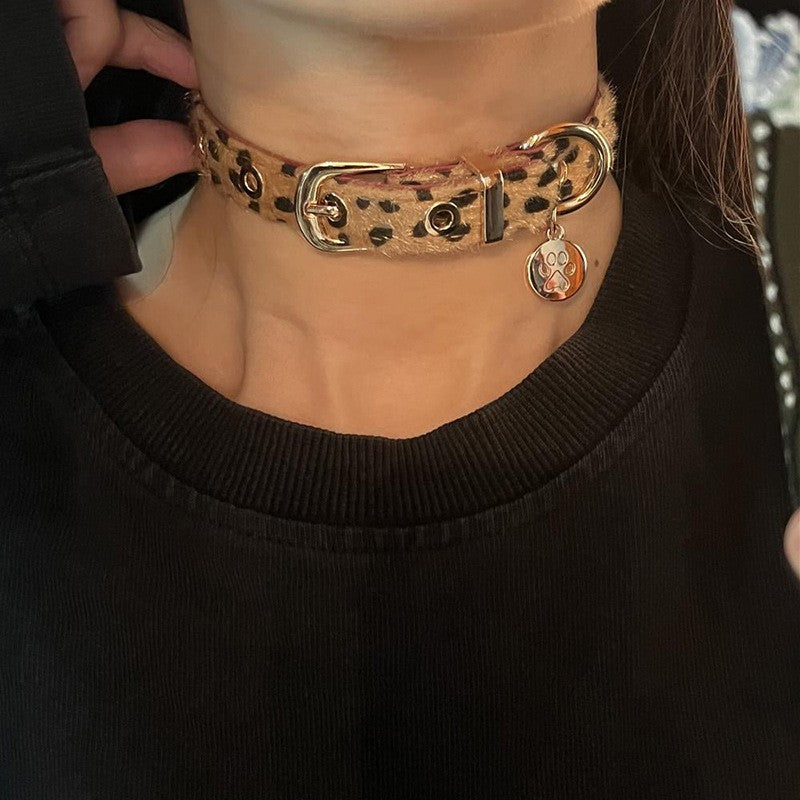 Leopard Print Paw Charm Choker