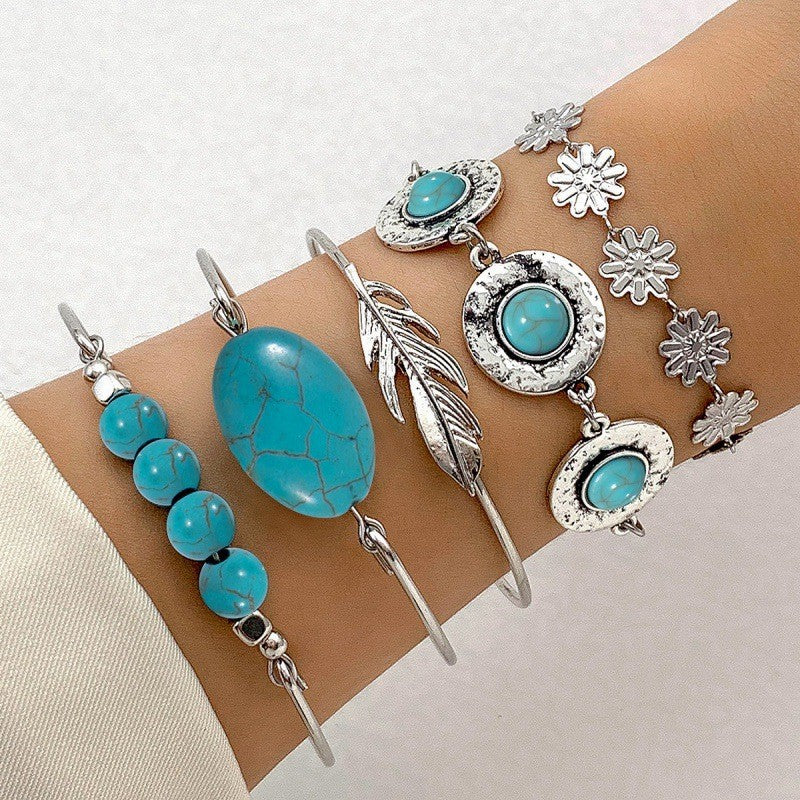 Turquoise Floral & Leaf Cuff Bracelet Set