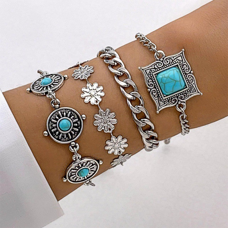 Turquoise Floral & Leaf Cuff Bracelet Set