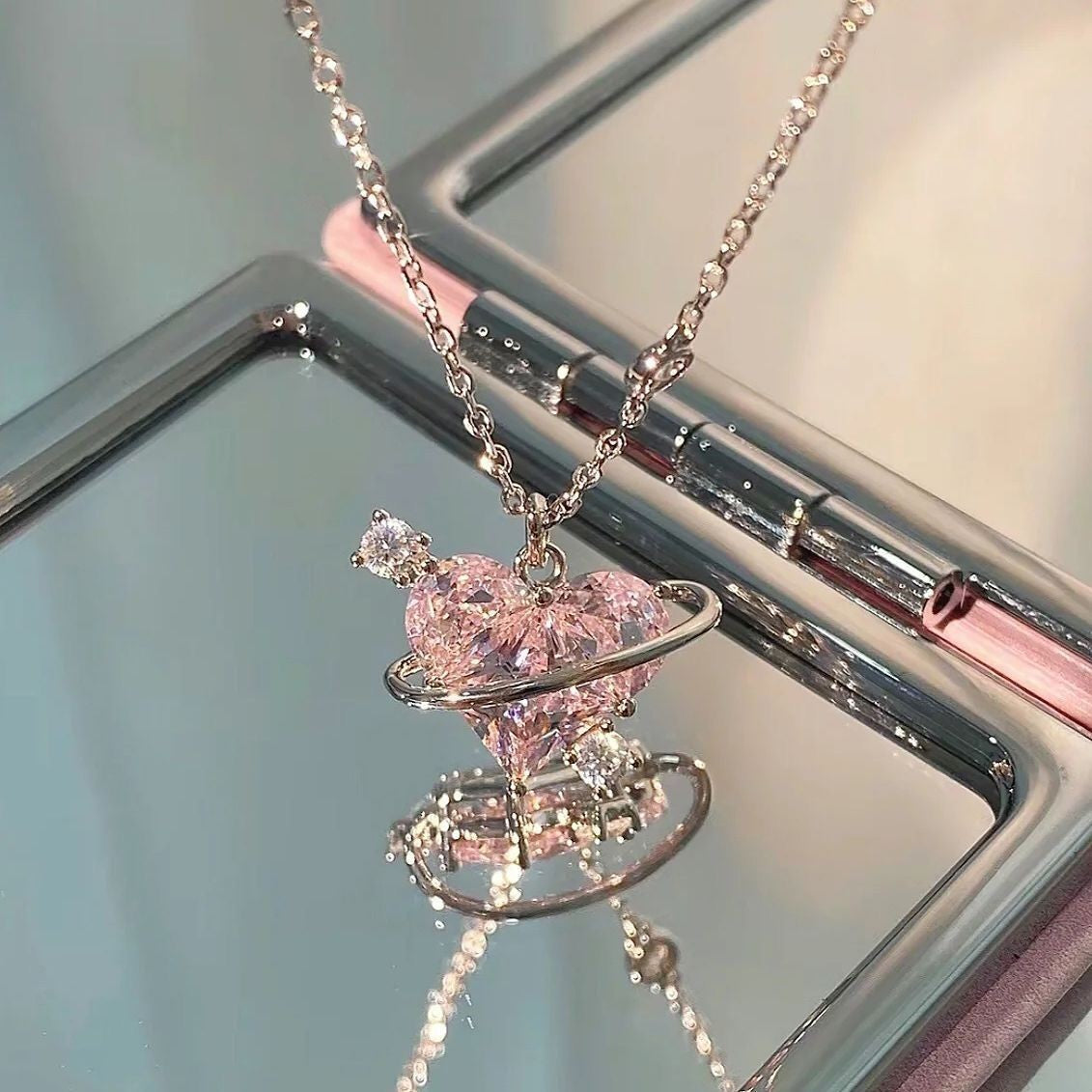 Pink Heart Orbit Necklace