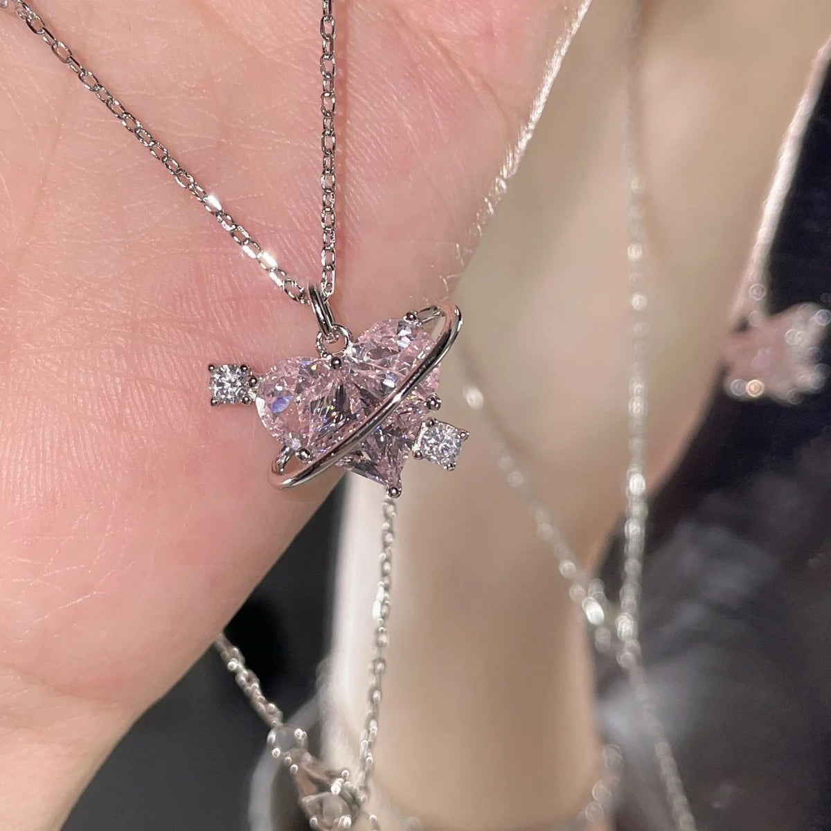 Pink Heart Orbit Necklace