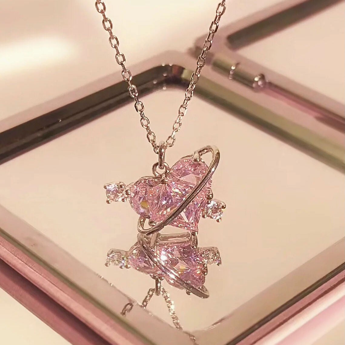 Pink Heart Orbit Necklace