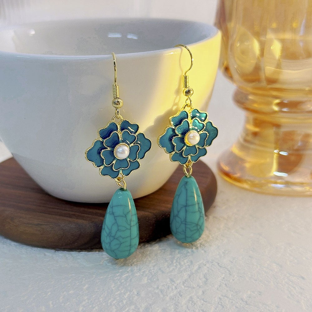 Blue Floral Turquoise Drop Earrings