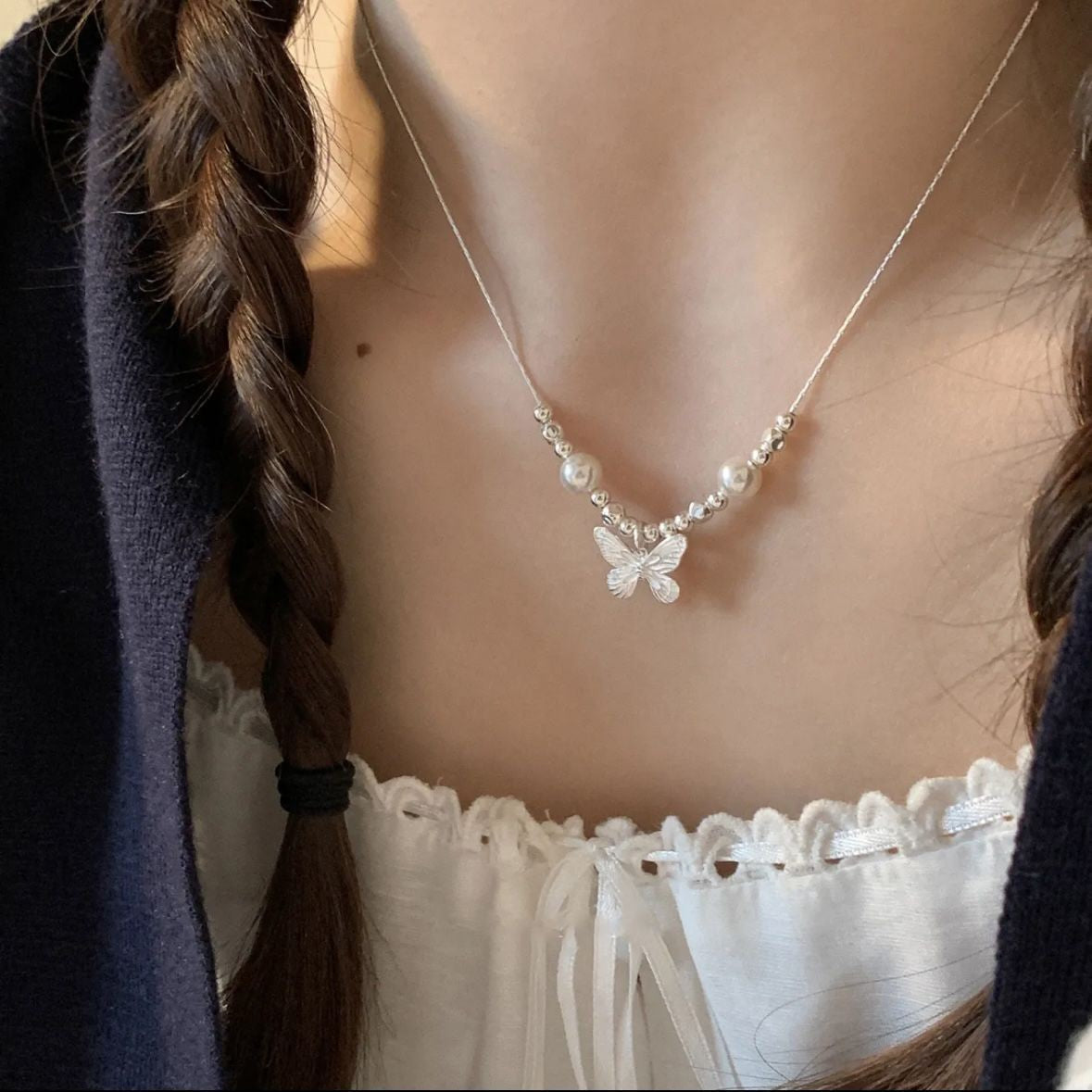 Butterfly Charm Faux Pearl Necklace