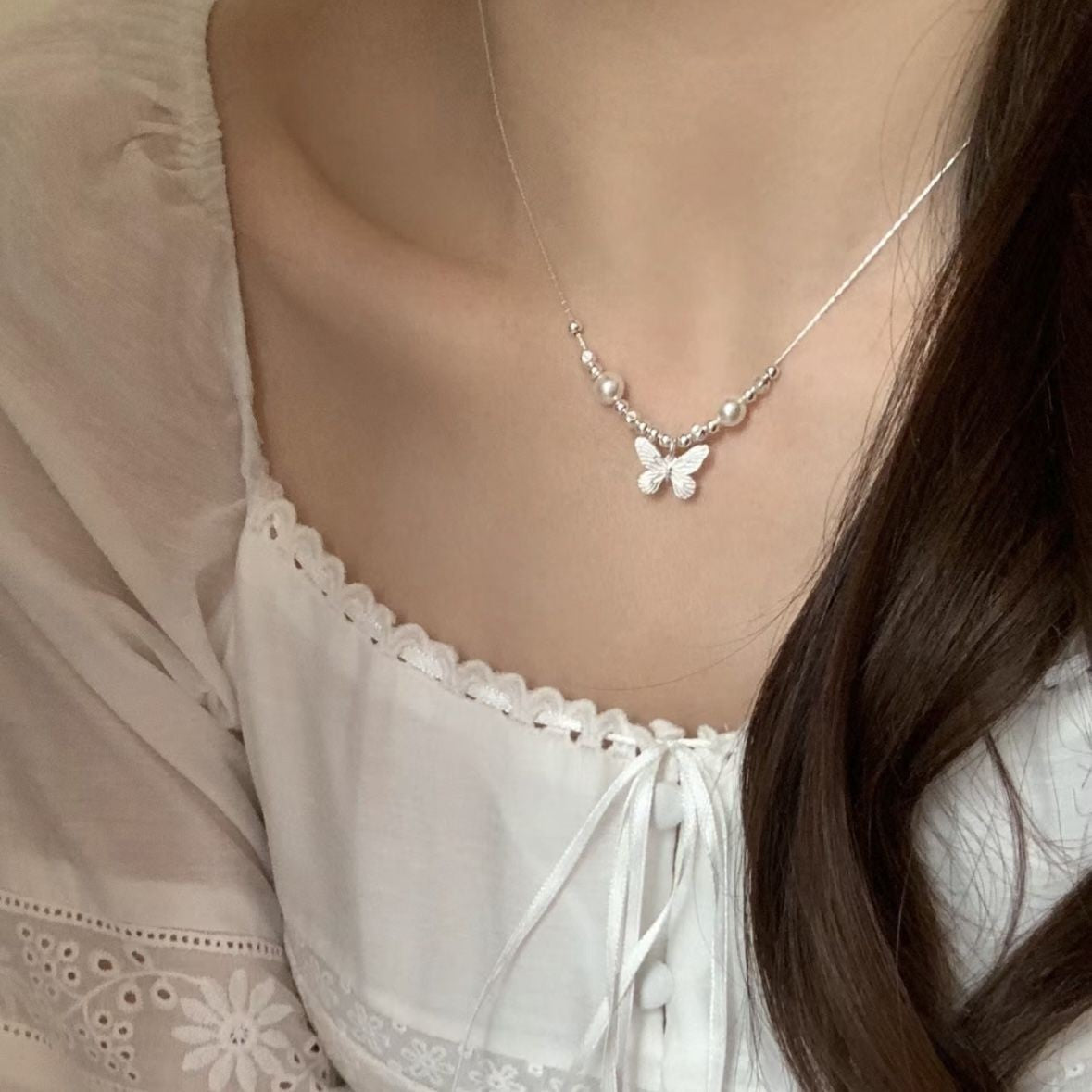 Butterfly Charm Faux Pearl Necklace