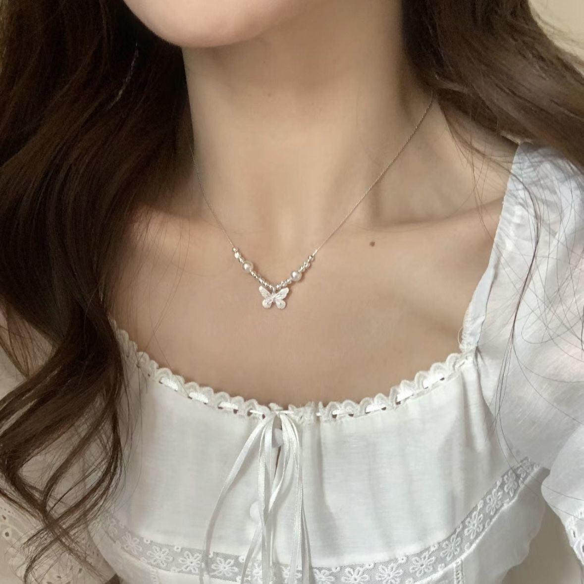 Butterfly Charm Faux Pearl Necklace