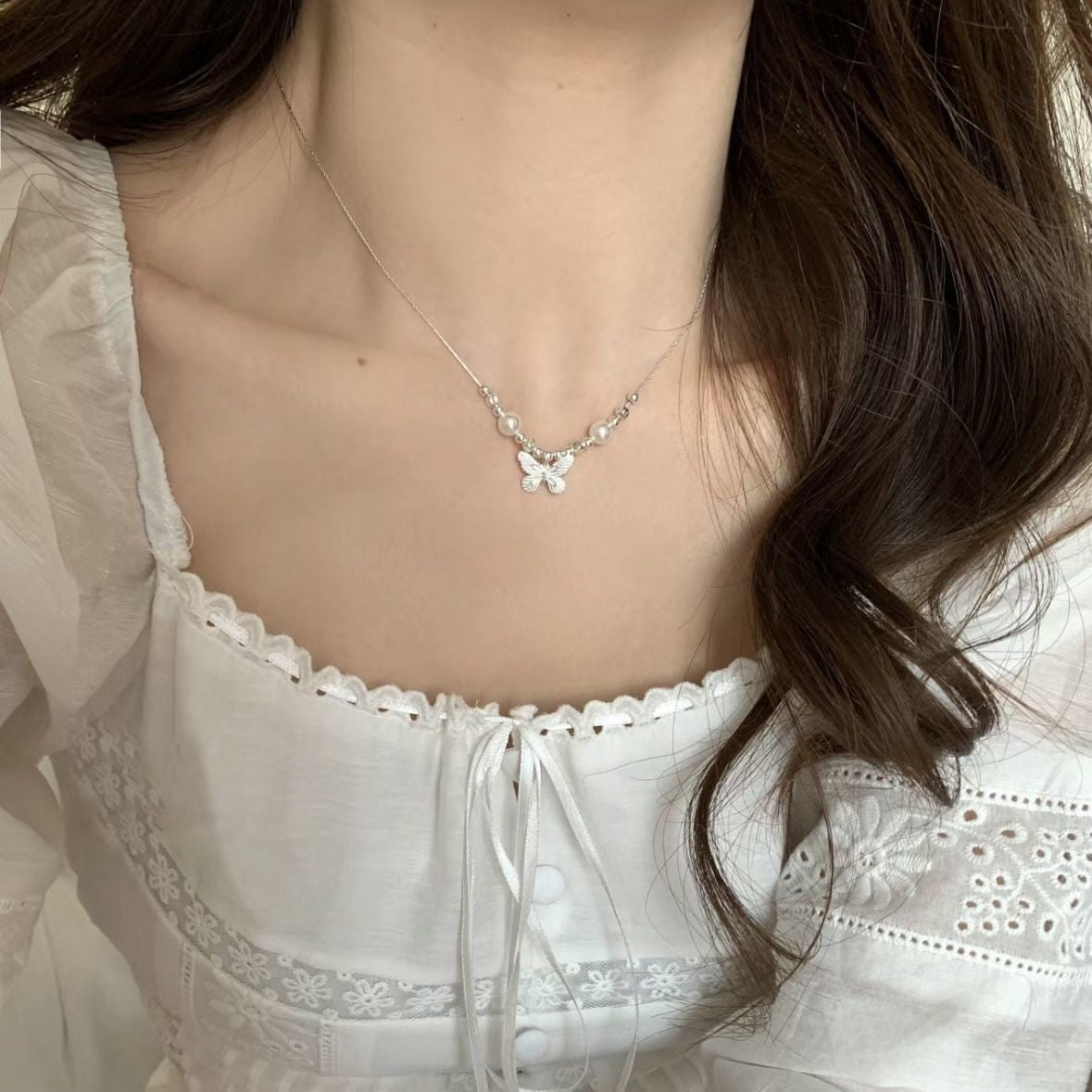 Butterfly Charm Faux Pearl Necklace