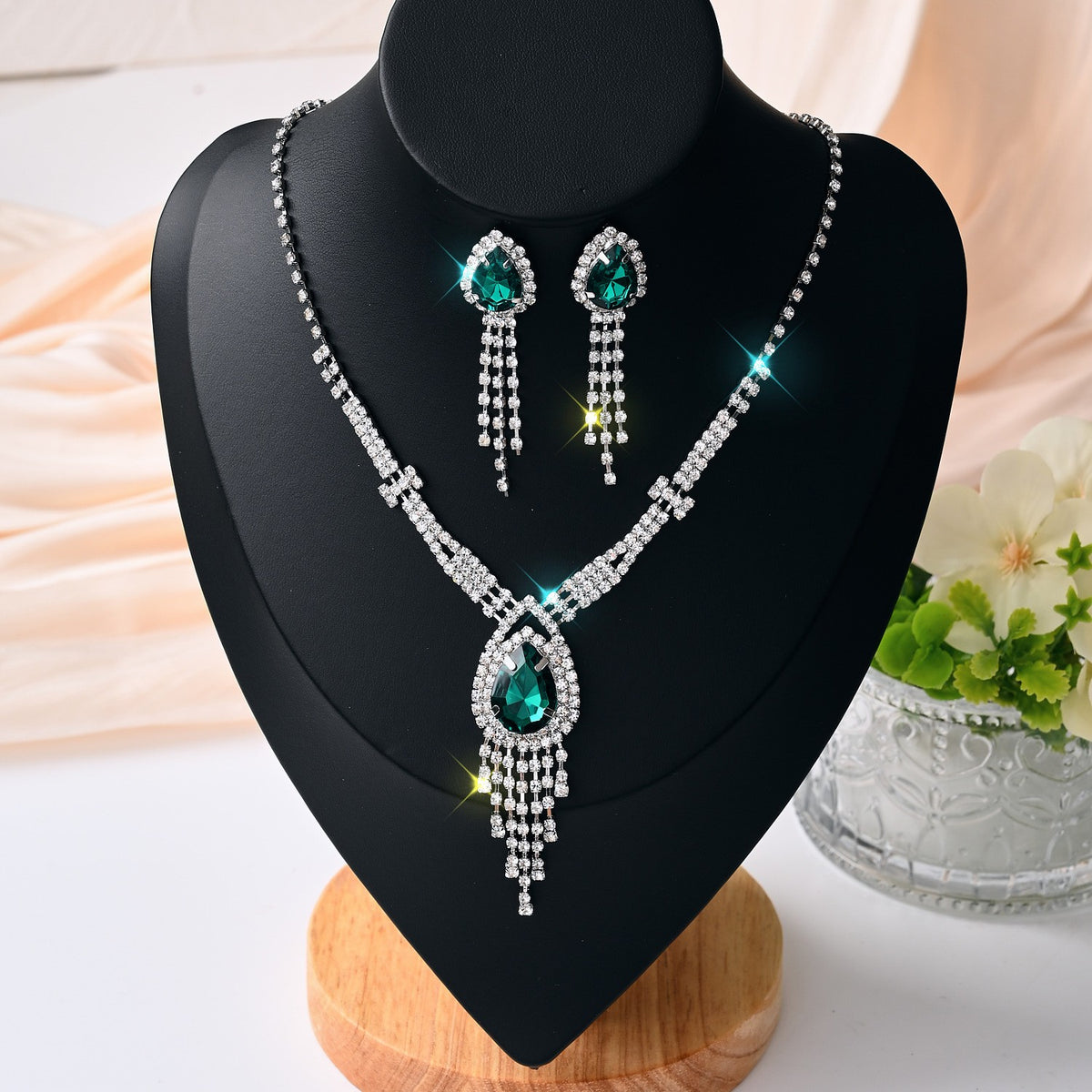 Green Crystal Tassel Necklace & Earring Set