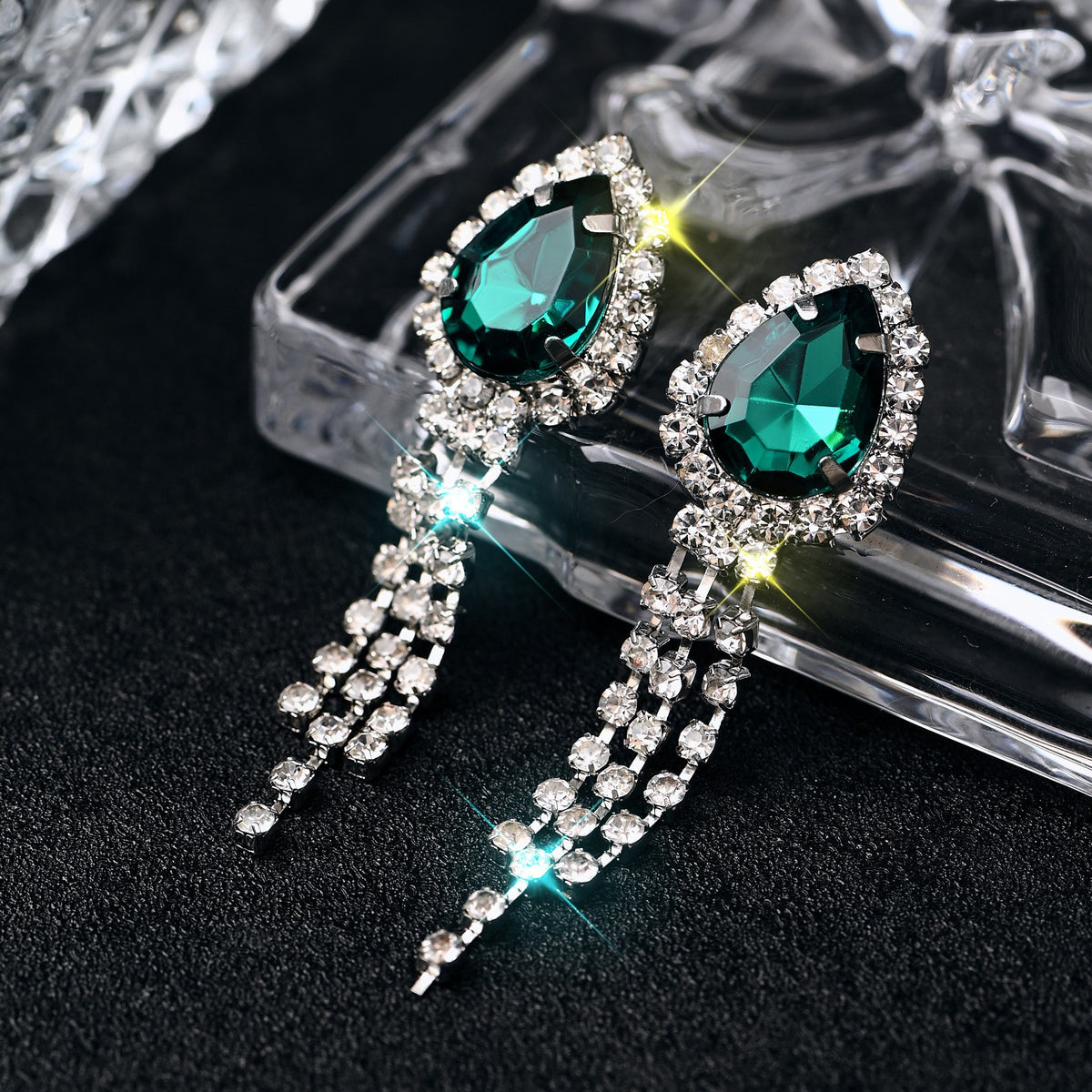 Green Crystal Tassel Necklace & Earring Set