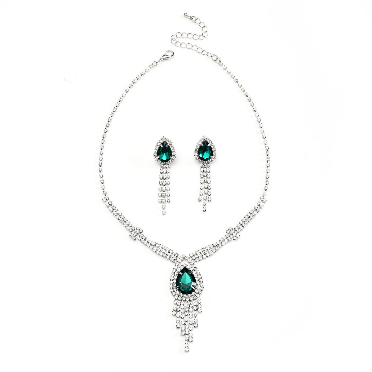 Green Crystal Tassel Necklace & Earring Set