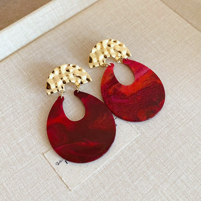 Red Marble Crescent Drop Earrings