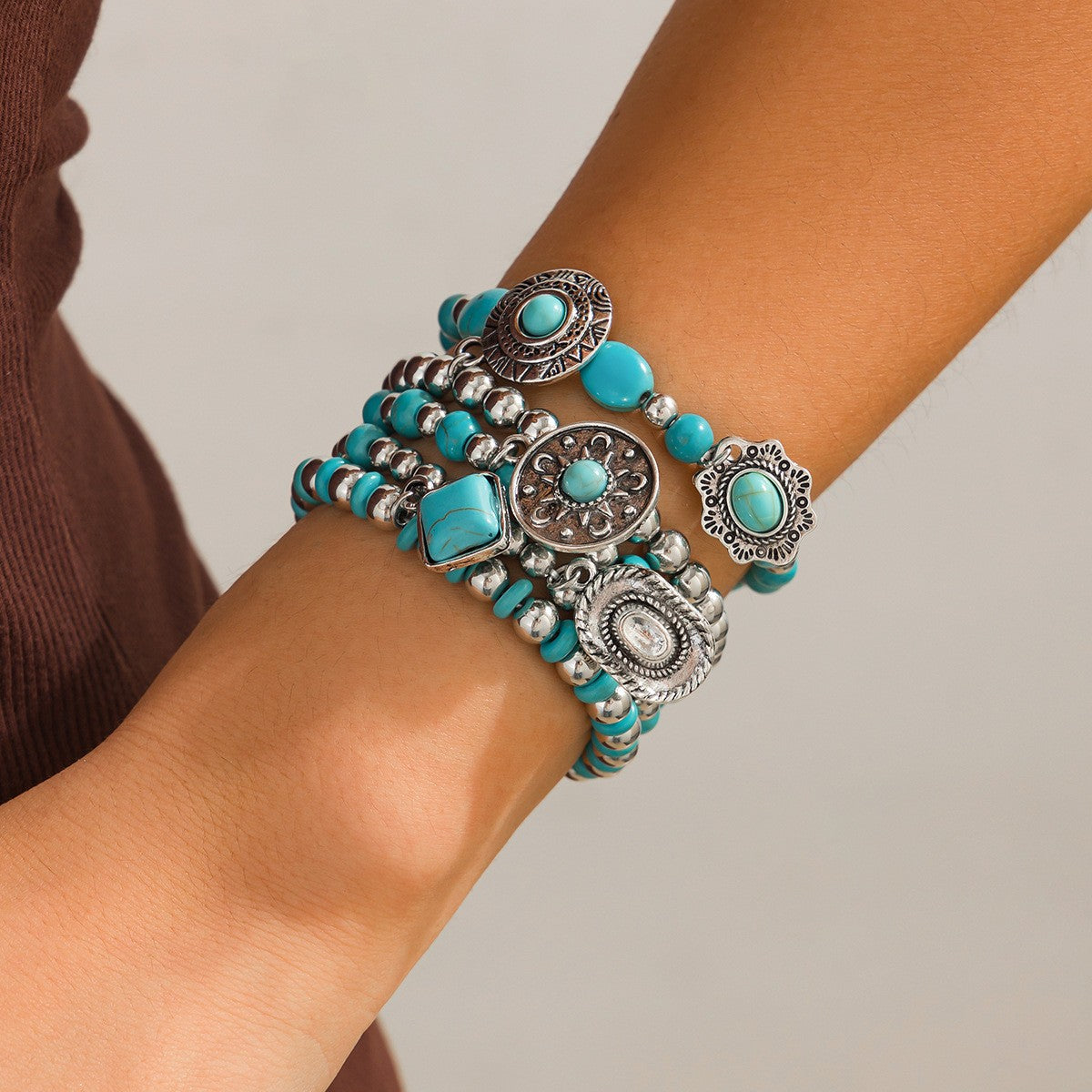 Turquoise Bead & Sunburst Medallion Bracelet Set