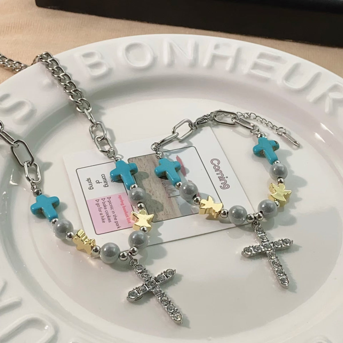 Blue Cross & Pearl Charm Necklace