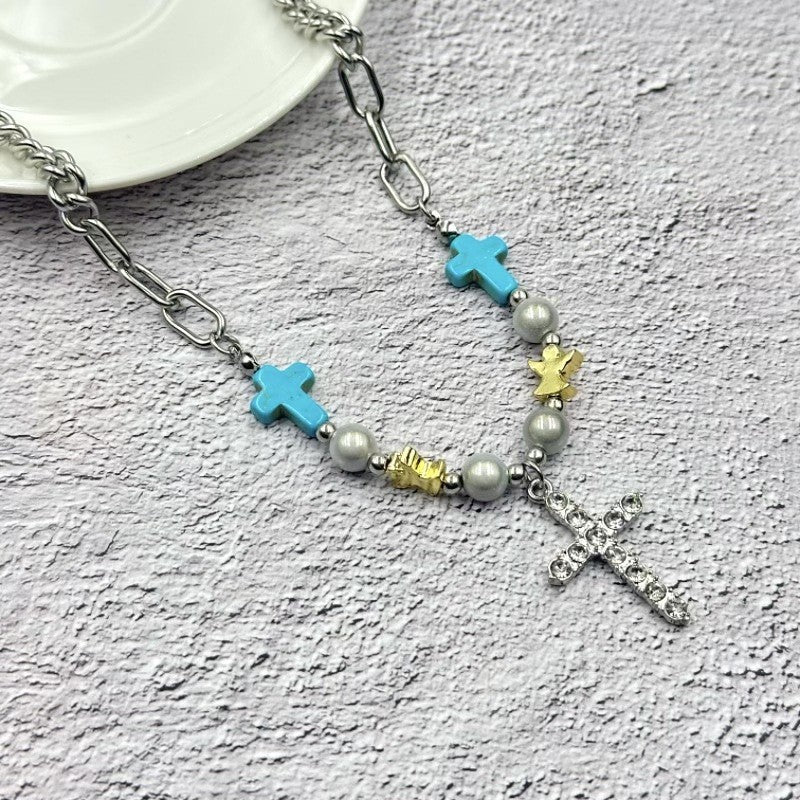 Blue Cross & Pearl Charm Necklace