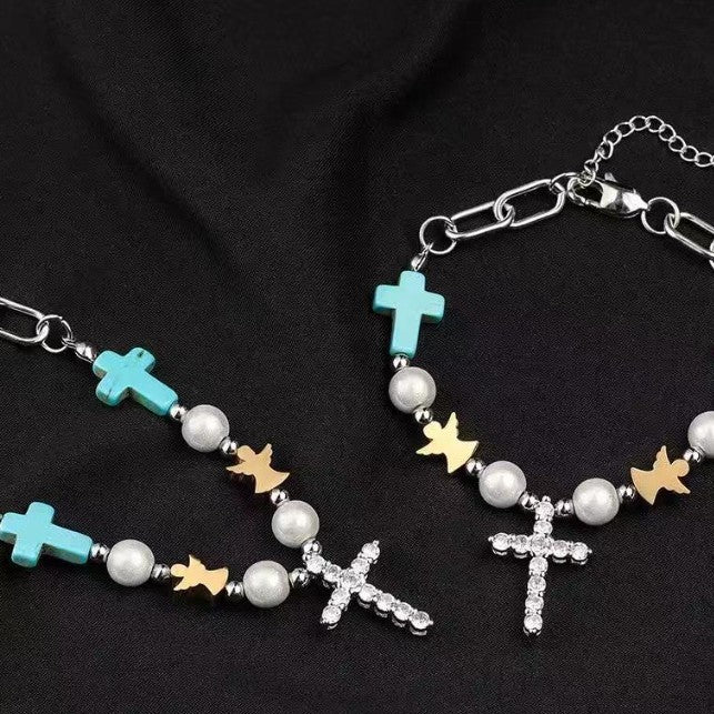 Blue Cross & Pearl Charm Necklace