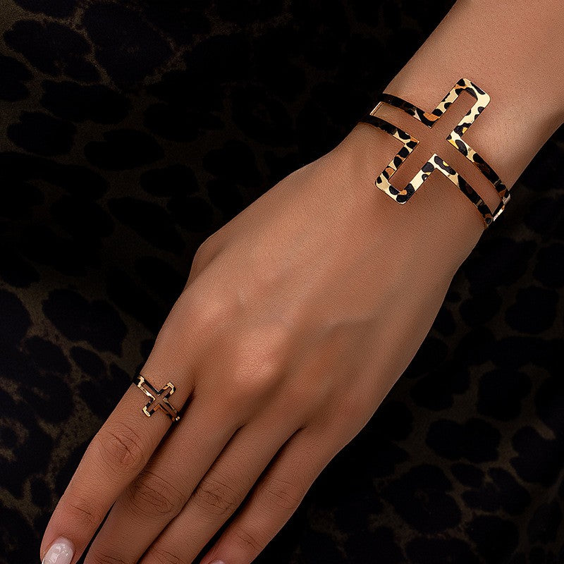 Leopard Cross Bracelet & Ring Set