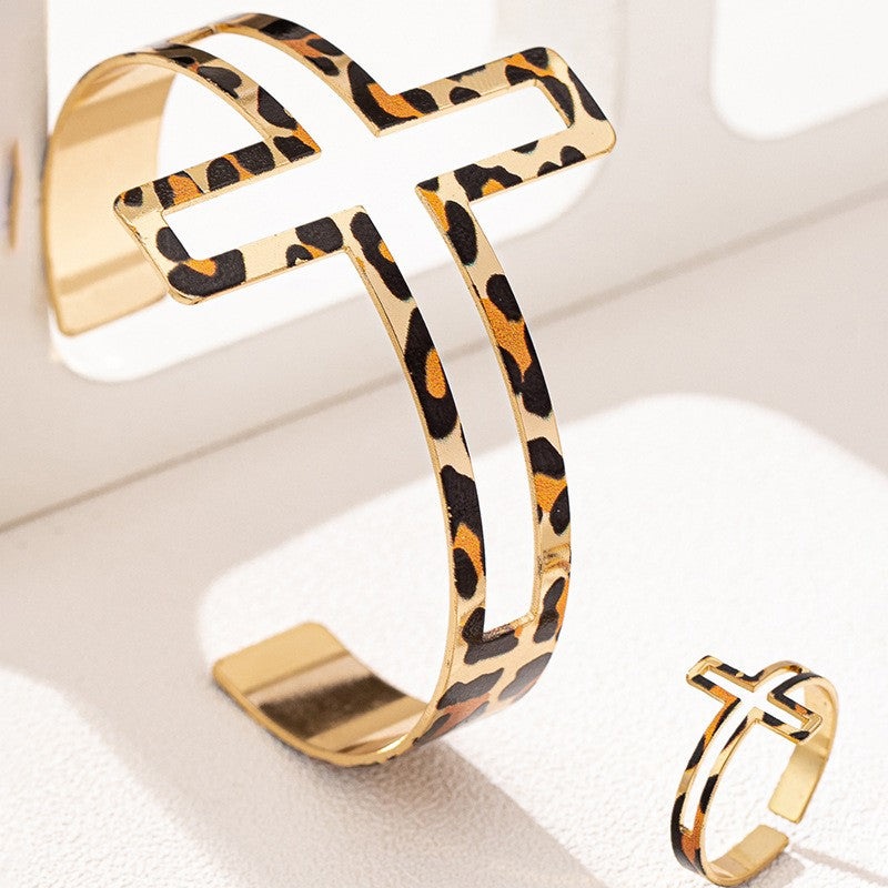 Leopard Cross Bracelet & Ring Set