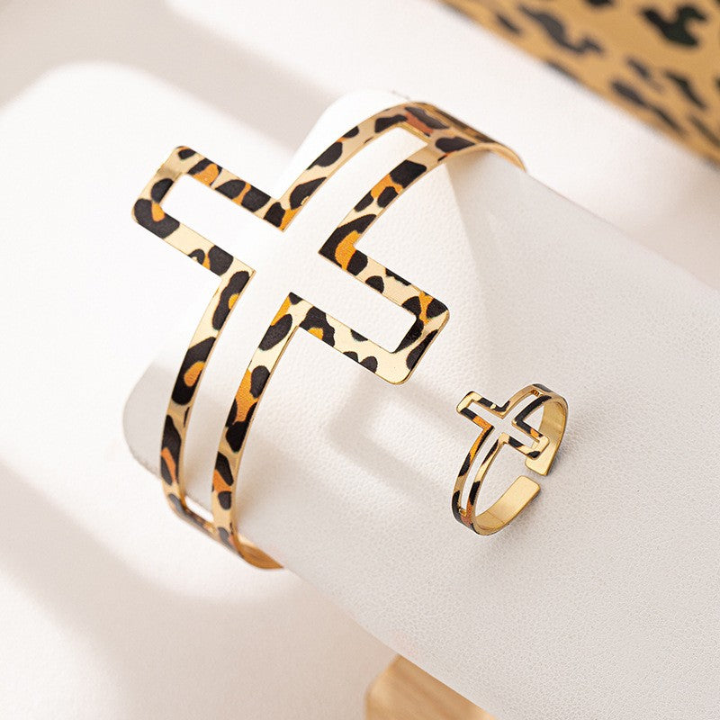 Leopard Cross Bracelet & Ring Set