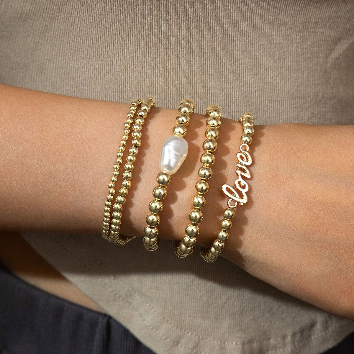 Love Script & Pearl Beaded Bracelet Set