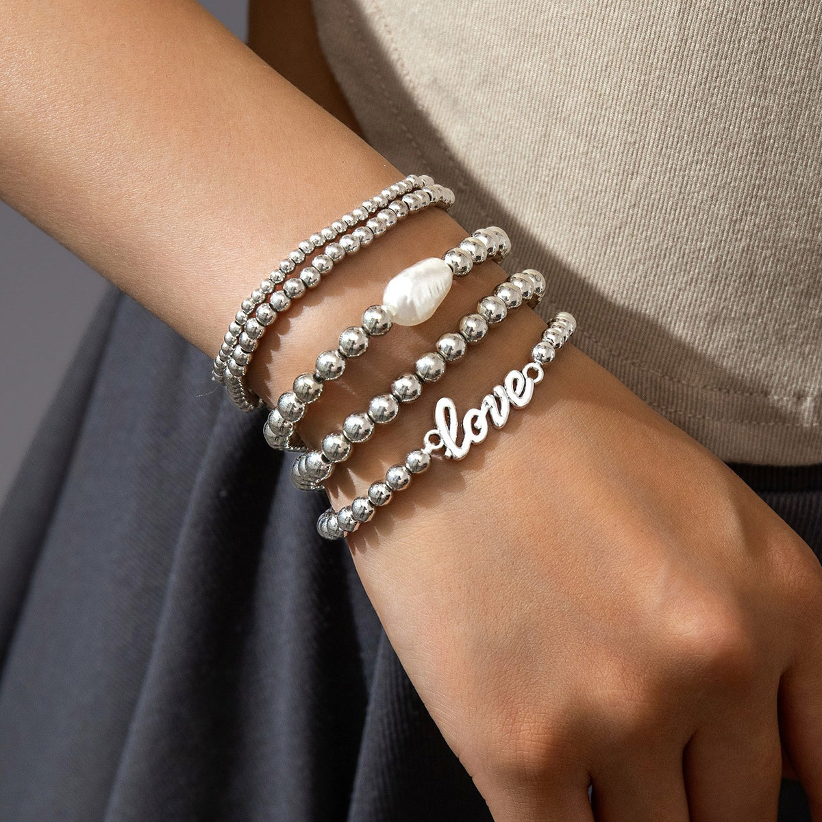 Love Script & Pearl Beaded Bracelet Set