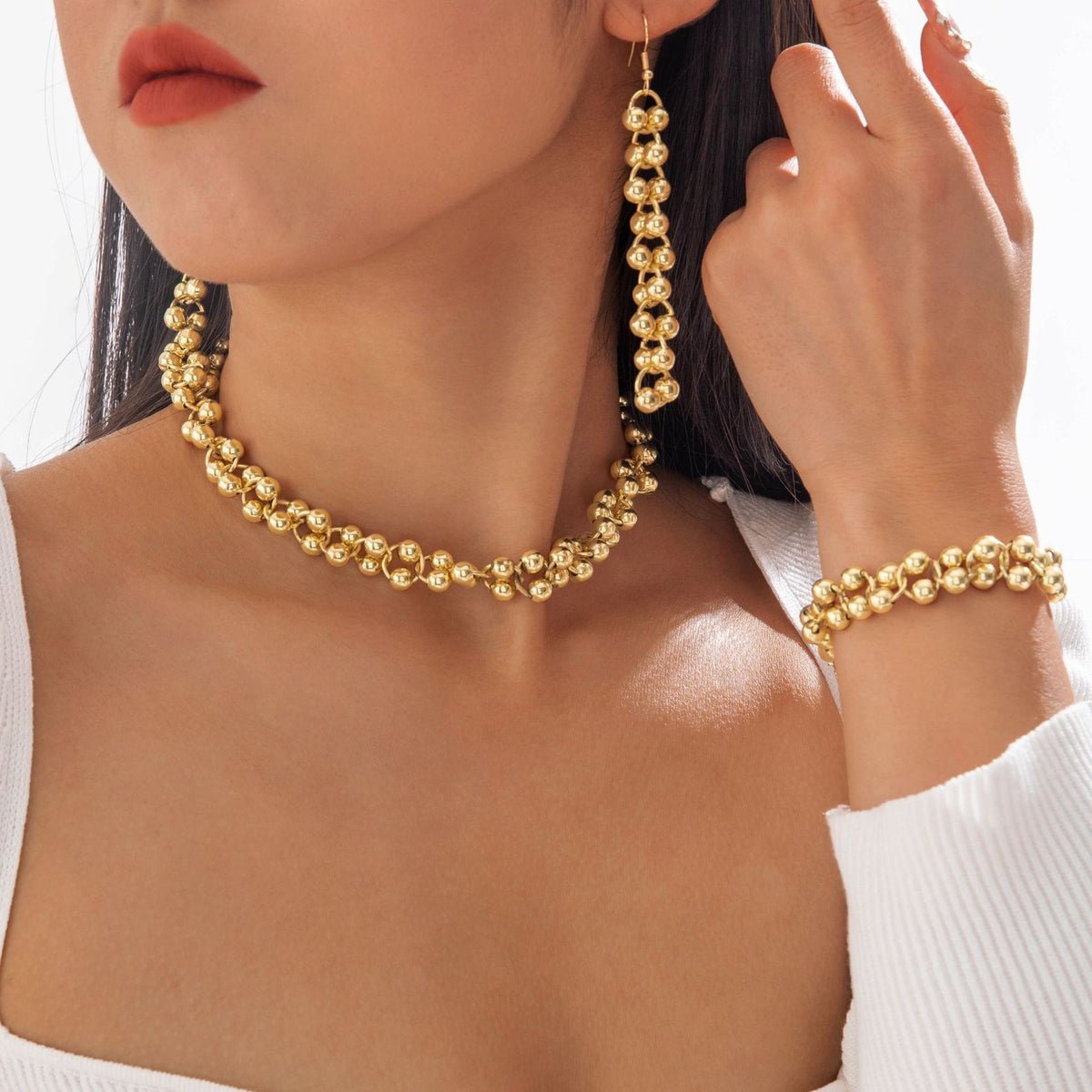 Round Bead Link Necklace & Bracelet Set