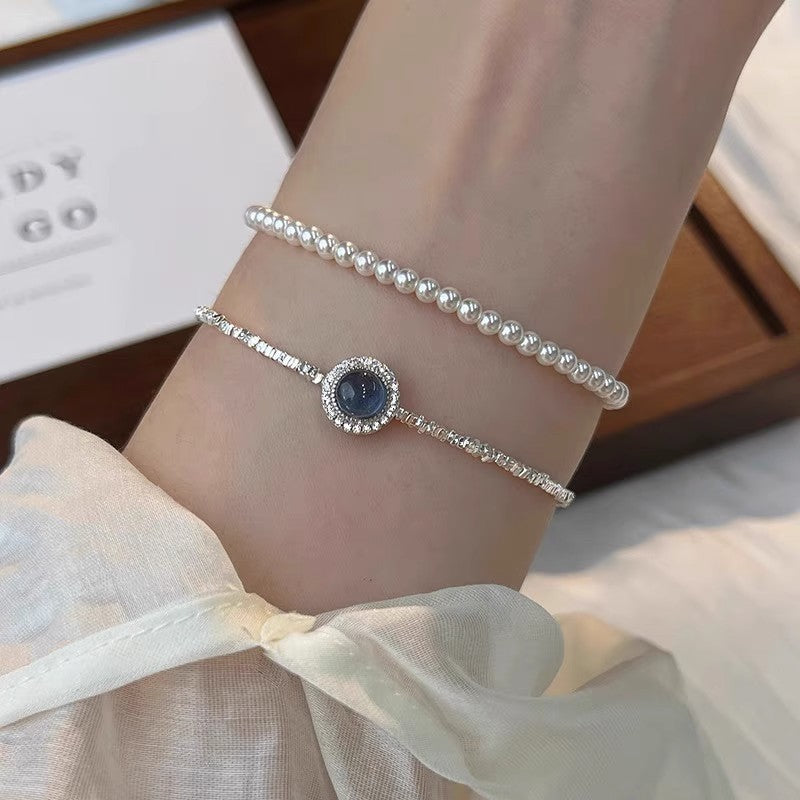 Blue Stone Circle & Pearl Bracelet