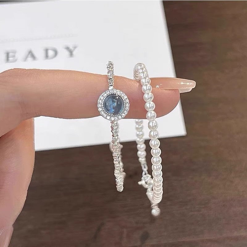 Blue Stone Circle & Pearl Bracelet