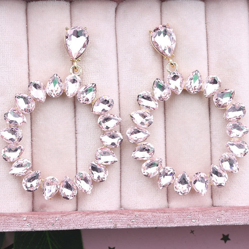 Pink Crystal Oval Hoop Earrings