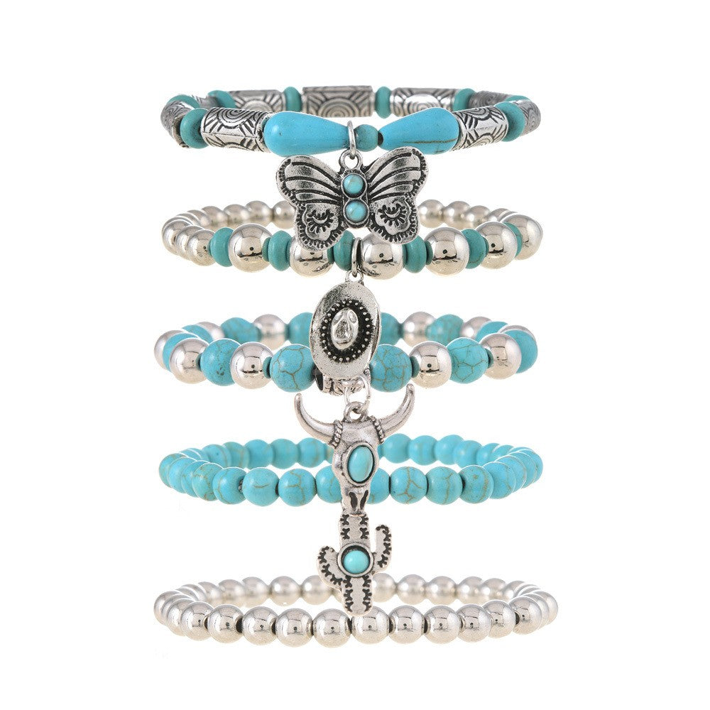 Turquoise Bead & Southwest Charm Bracelet Set