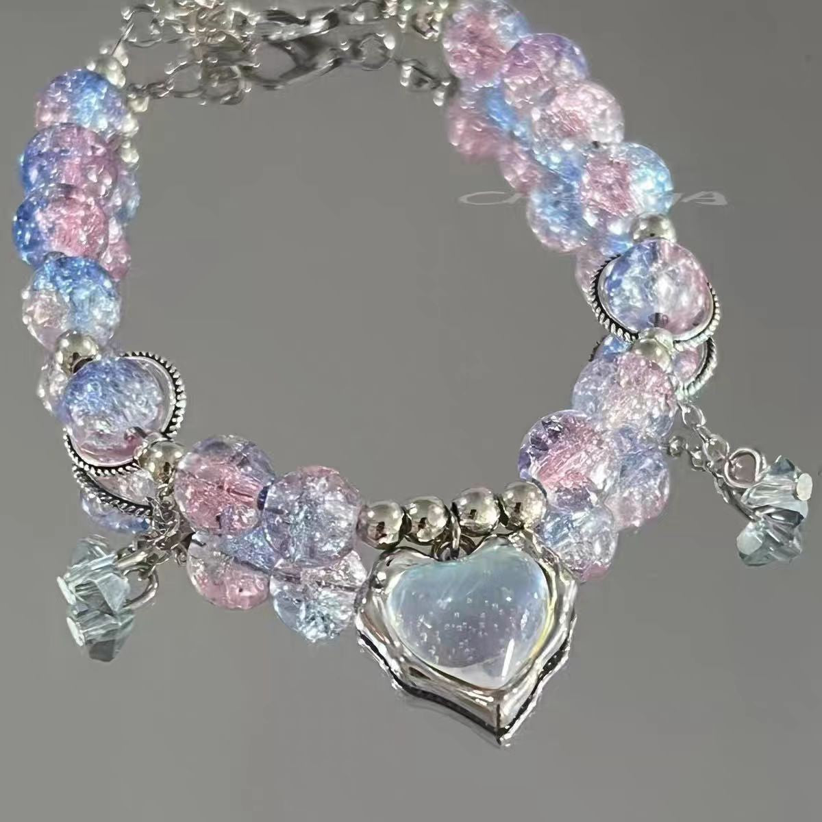 Iridescent Bead Heart Charm Bracelet