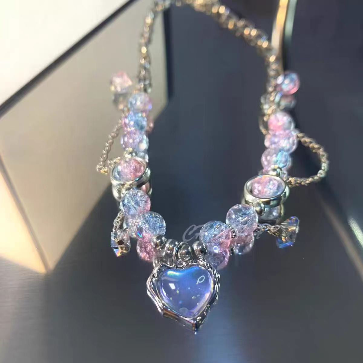 Iridescent Bead Heart Charm Bracelet