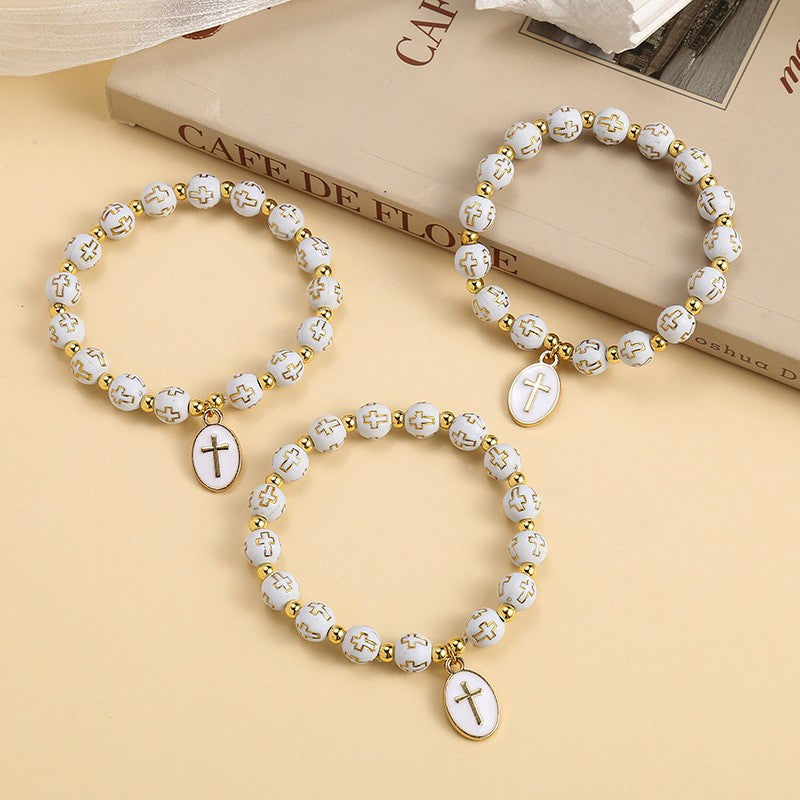 White Cross Bead & Oval Charm Bracelet Set