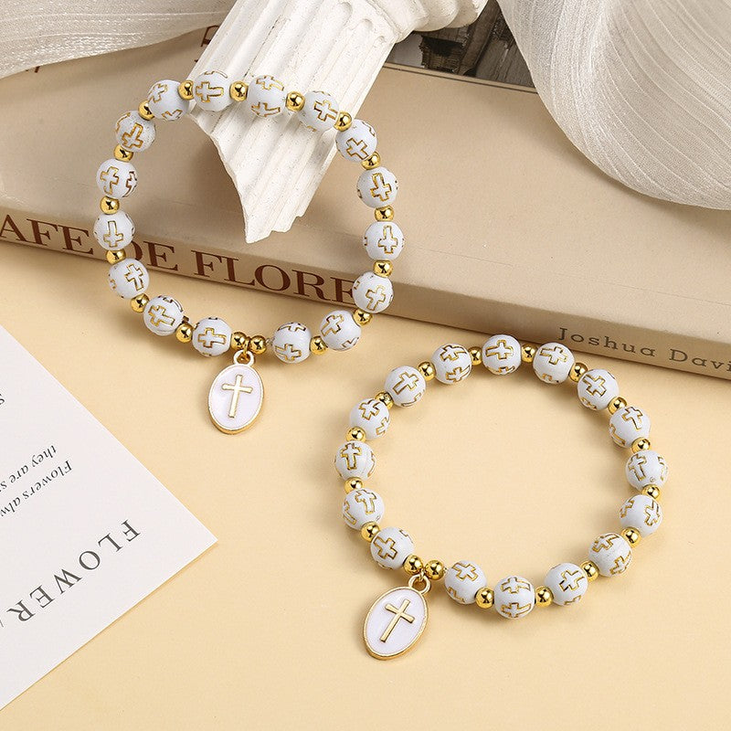 White Cross Bead & Oval Charm Bracelet Set