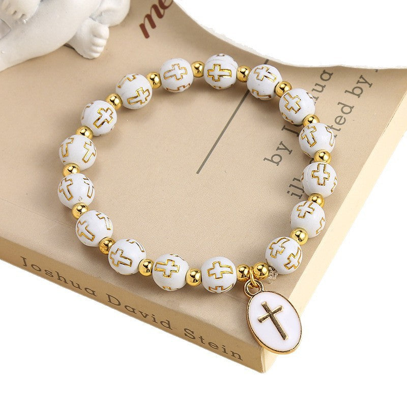 White Cross Bead & Oval Charm Bracelet Set