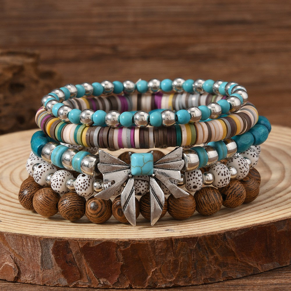 Turquoise Bow & Striped Bead Bracelet Set