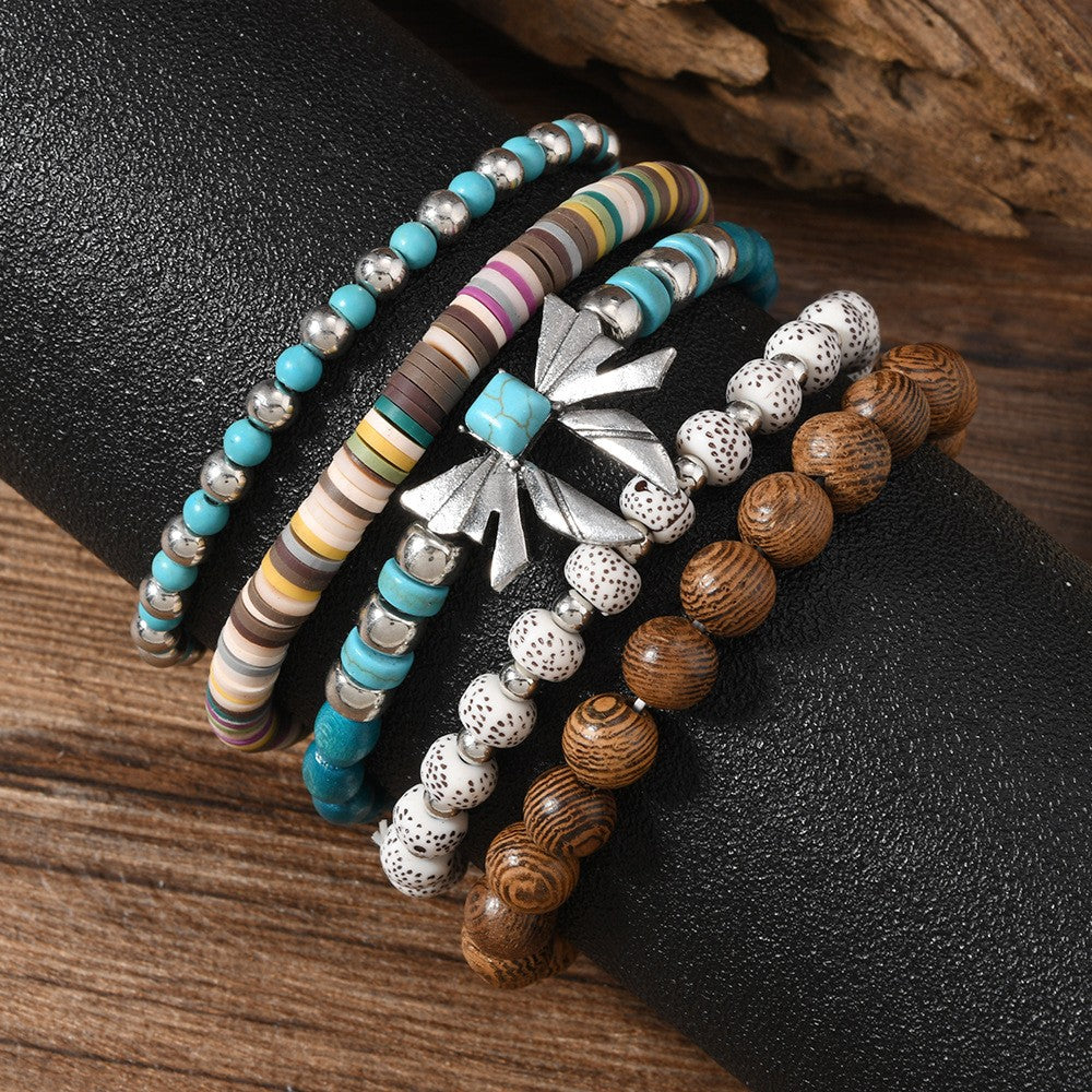 Turquoise Bow & Striped Bead Bracelet Set