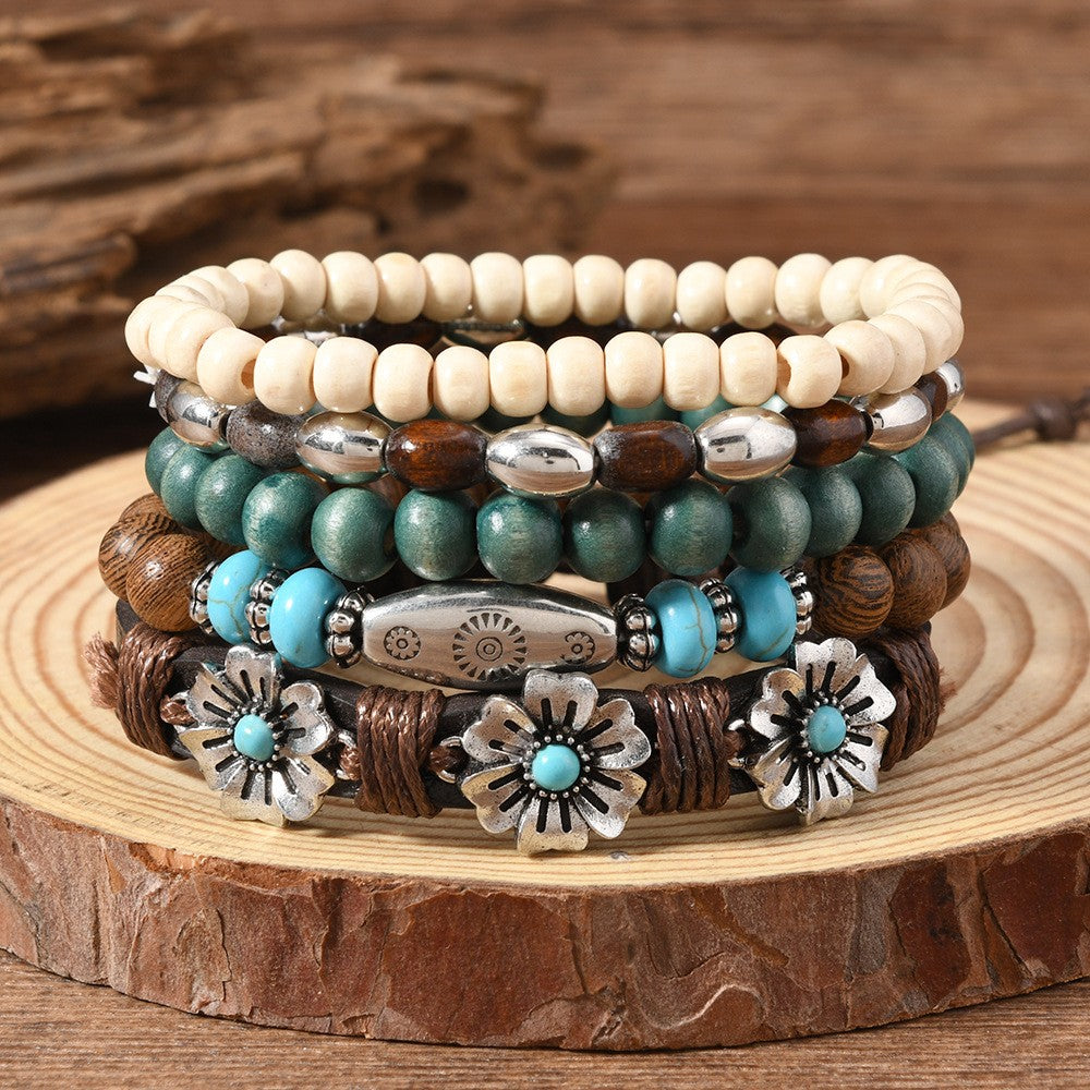 Wood Bead & Floral Charm Bracelet Set