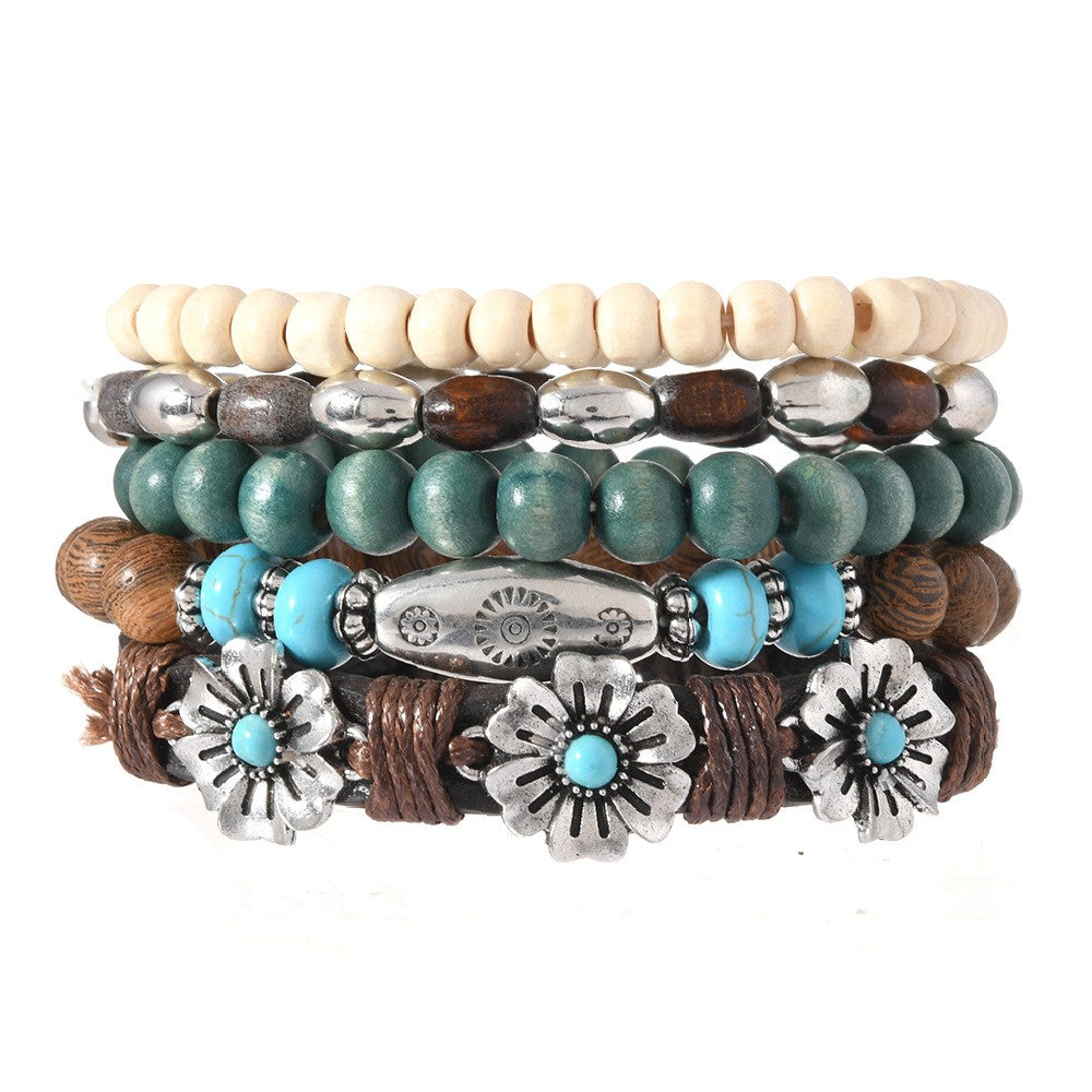Wood Bead & Floral Charm Bracelet Set