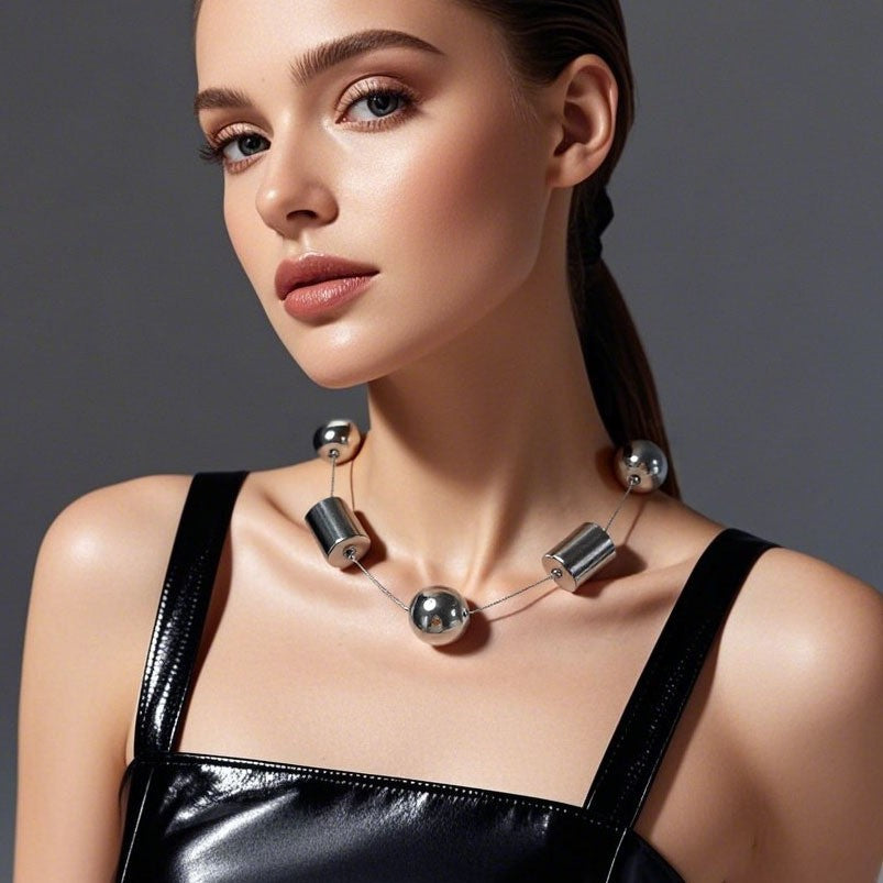 Silver Cylinder & Sphere Choker Necklace