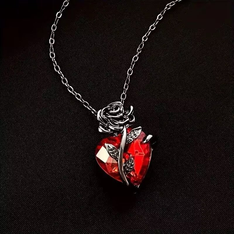 Red Crystal Rose Heart Necklace