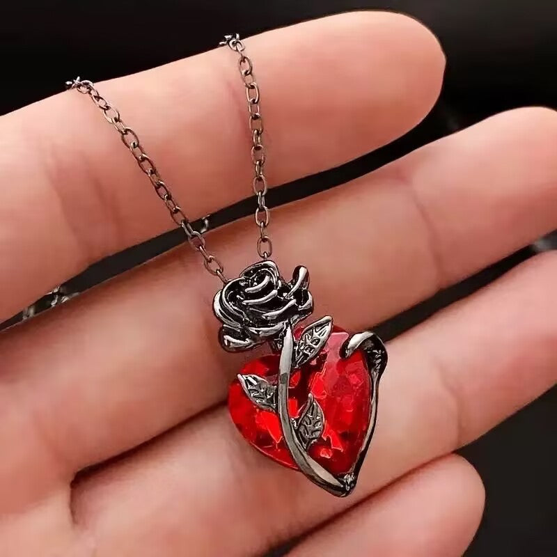 Red Crystal Rose Heart Necklace
